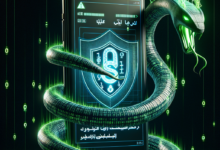 رسم توضيحي لهاتف ذكي ملفوف بثعبان أخضر يلمع مع درع أمان رقمي على الشا