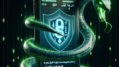 رسم توضيحي لهاتف ذكي ملفوف بثعبان أخضر يلمع مع درع أمان رقمي على الشا